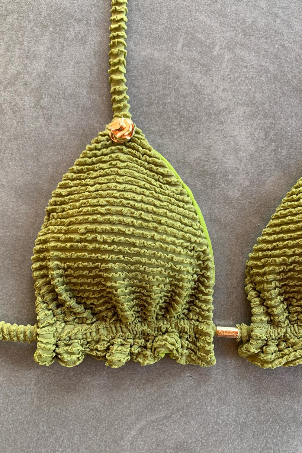 Pistachio Green Textured Triangle Frill Bikini Top
