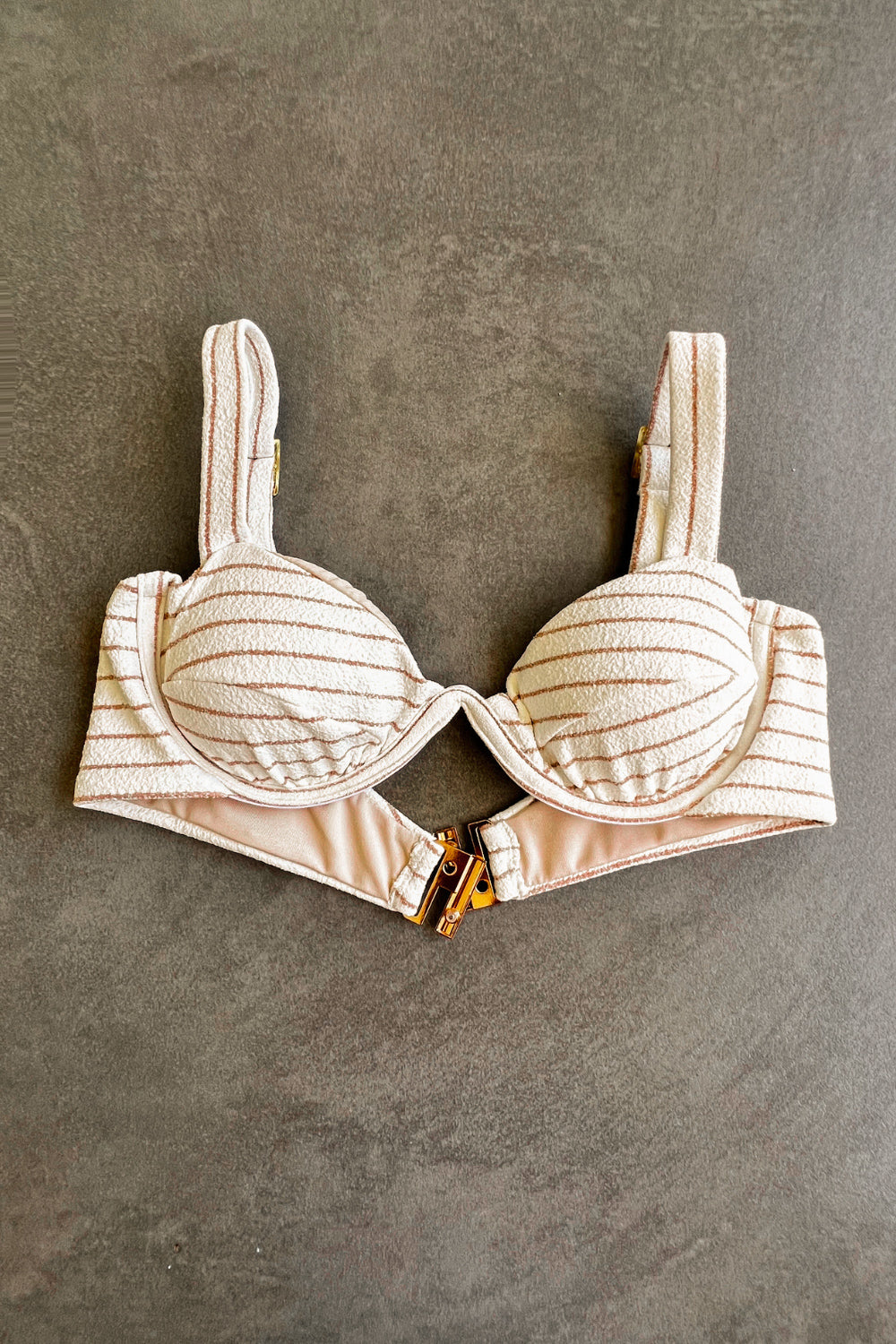 White & Brown Seashore Striped Textured Maya Bikini Top