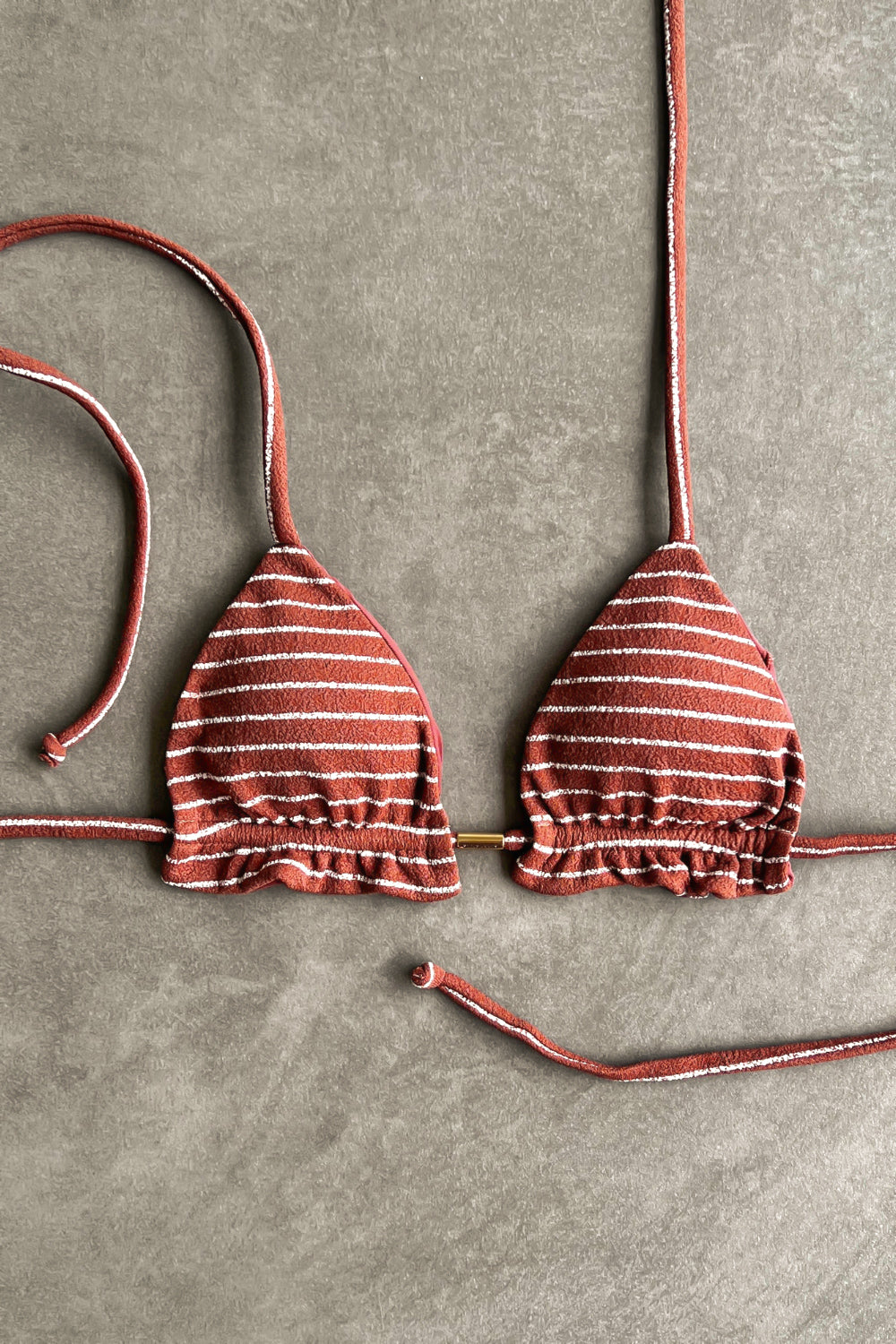 Brown & White Seashore Striped Textured Triangle Frill Bikini Top