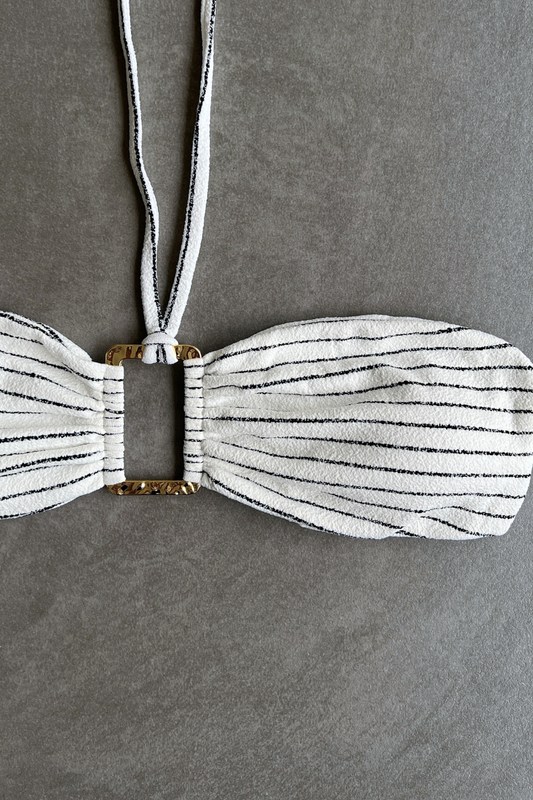 White & Black Seashore Striped Textured Strapless Bikini Top