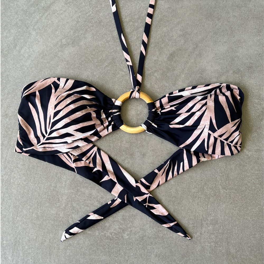 Bleached Leaves Black Strapless Bikini Top