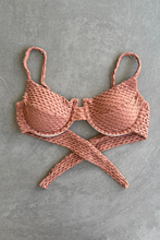 Load image into Gallery viewer, Toffee Brown Sparkling Mermaid Weave Textured Panneled Bikini Top