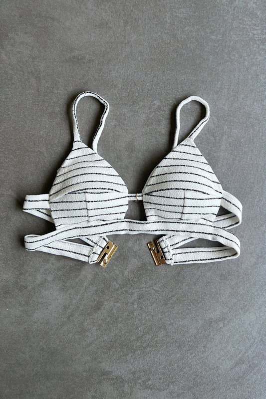 White & Black Seashore Striped Textured Vera Bikini Top