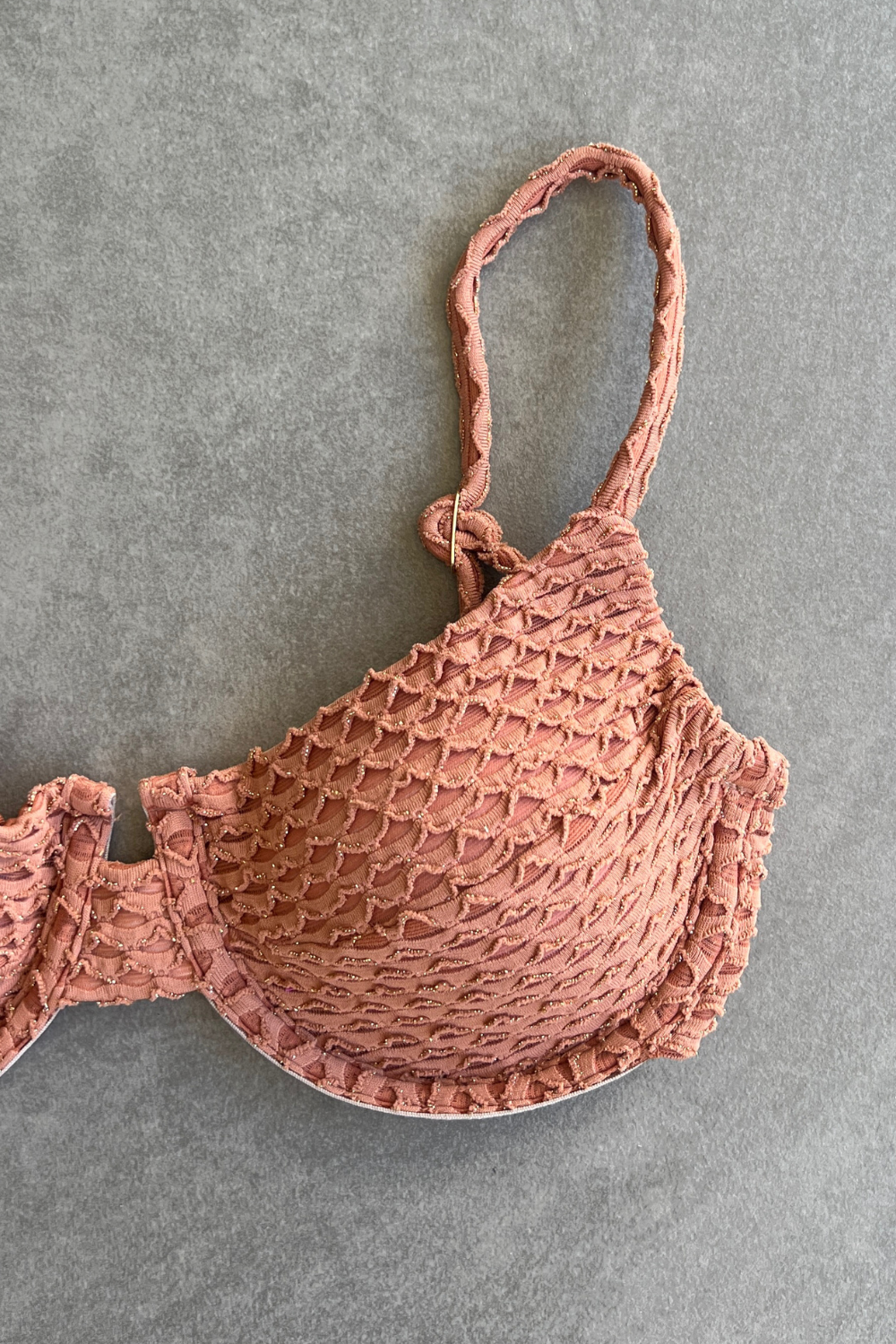 Toffee Brown Sparkling Mermaid Weave Textured Panneled Bikini Top