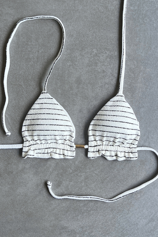 White & Black Seashore Striped Textured Triangle Frill Bikini Top
