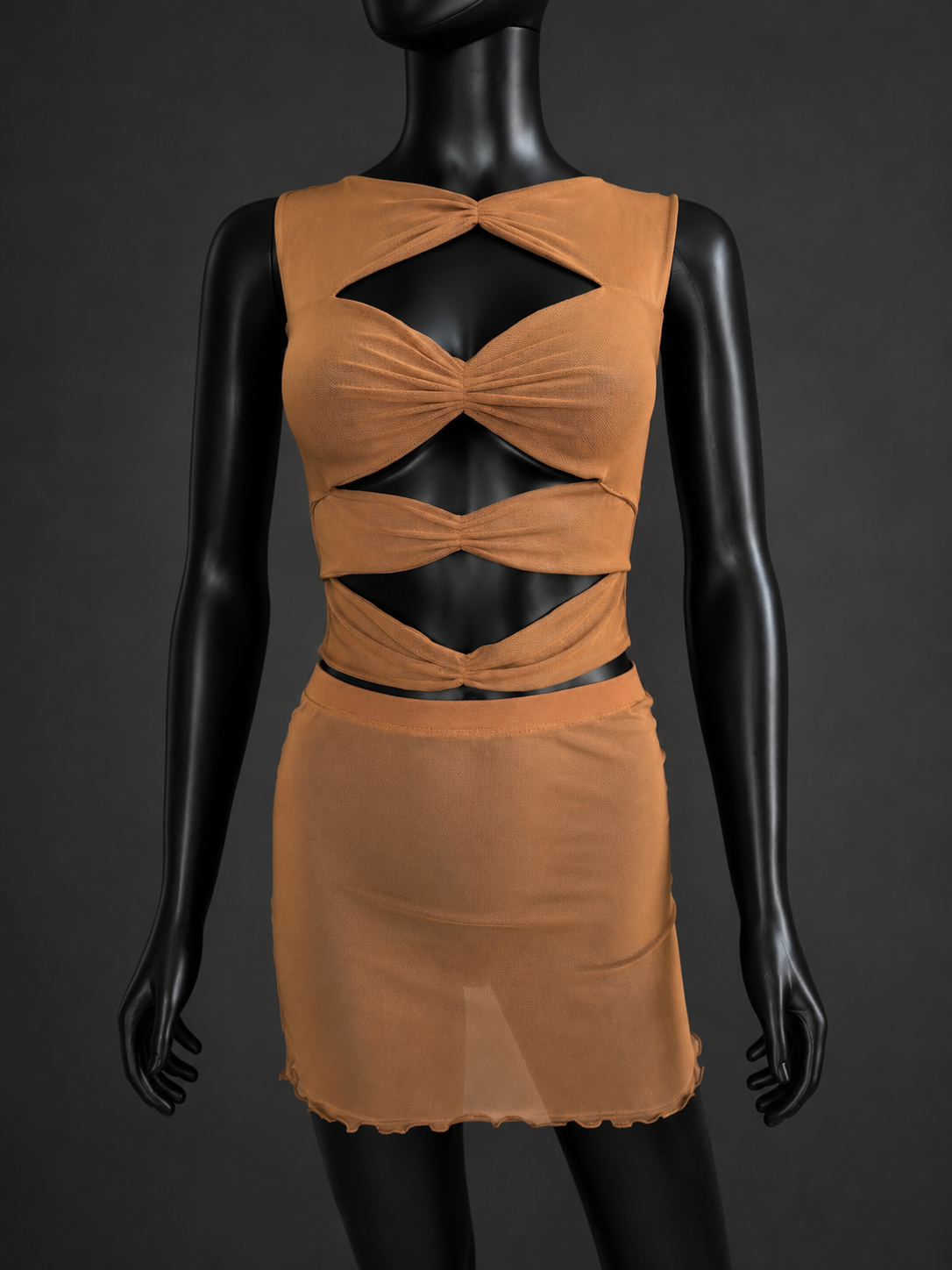 Brown Mesh Tule Tank Cut Out Top