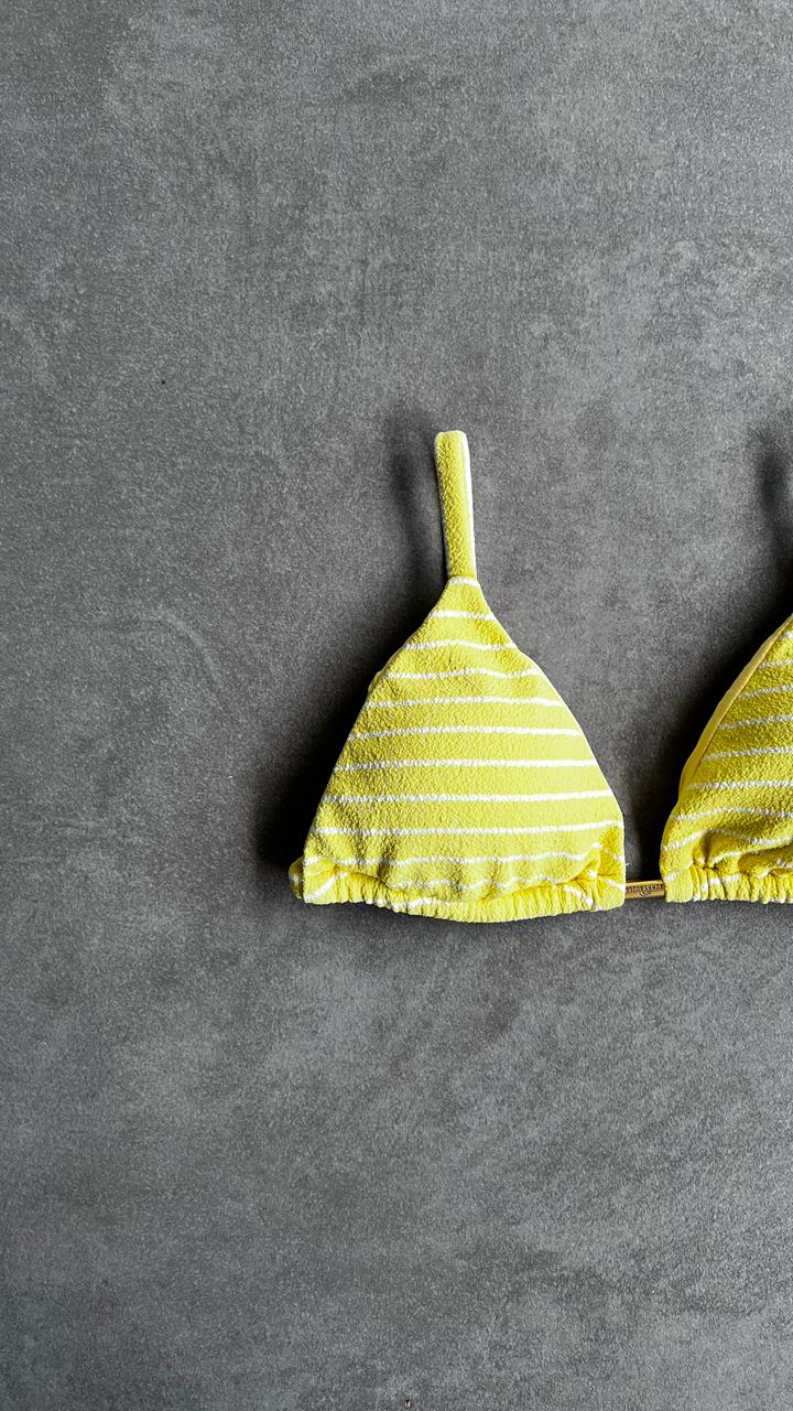 Yellow & White Seashore Striped Textured Triangle Bikini Top