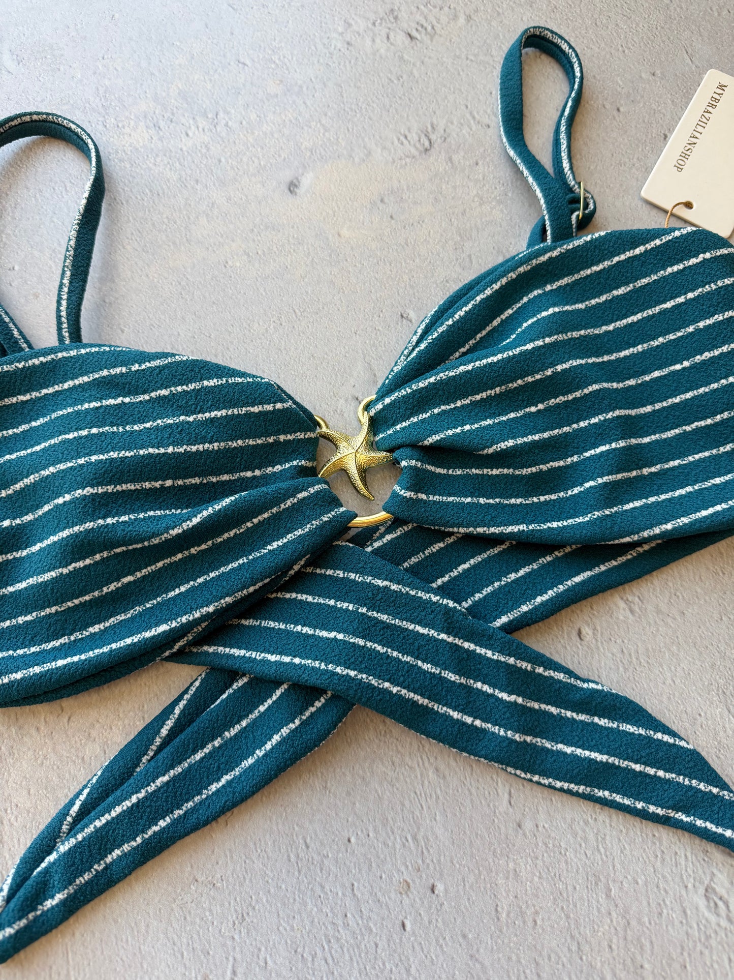 Oil Blue & White Seashore Striped Textured Elena Bikini Top