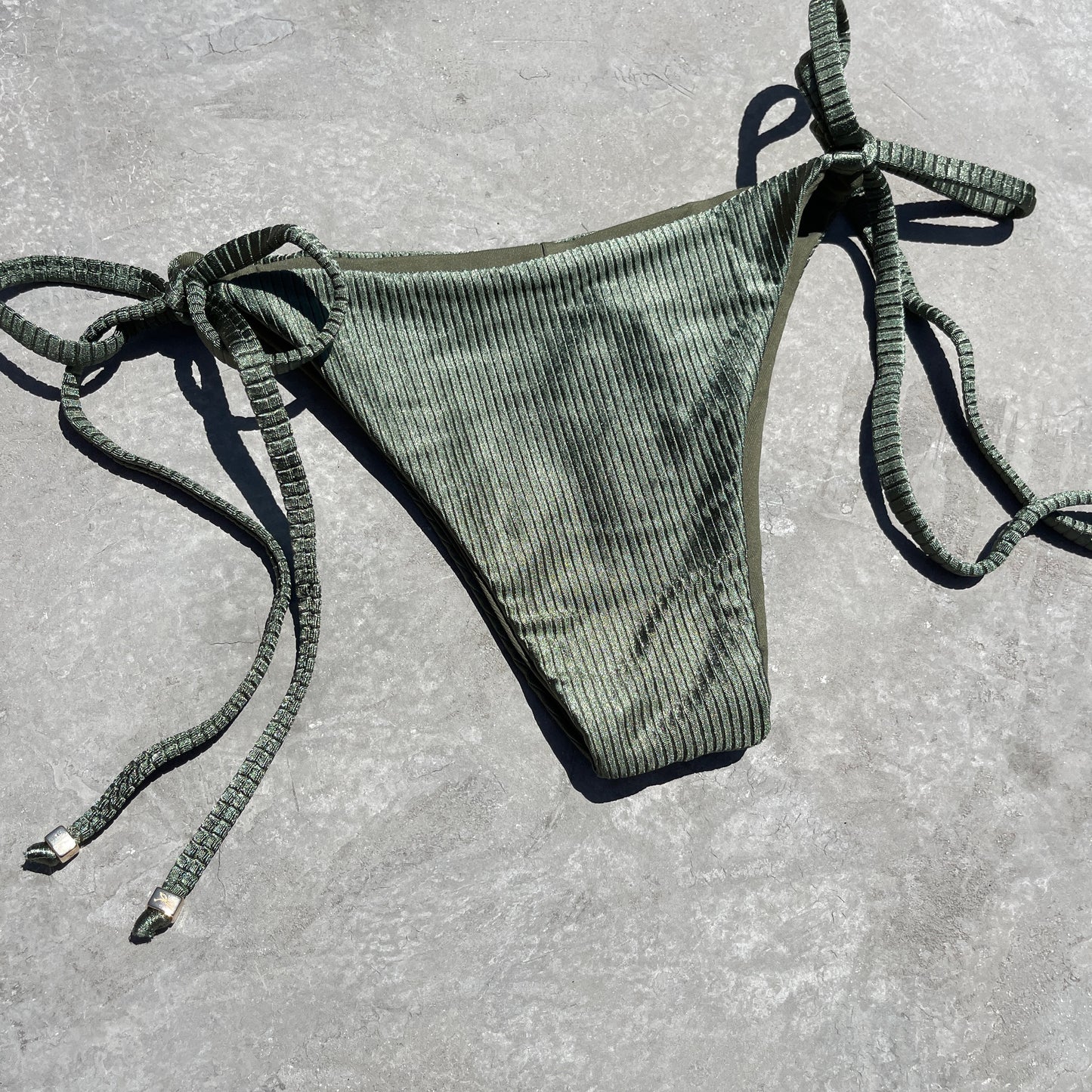 Army Green Ribbed Side Tie Bikini Bottom