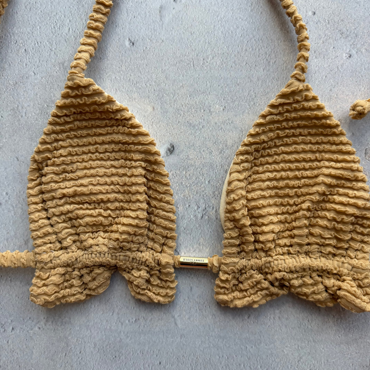 Sand Brown Textured Triangle Frill Bikini Top