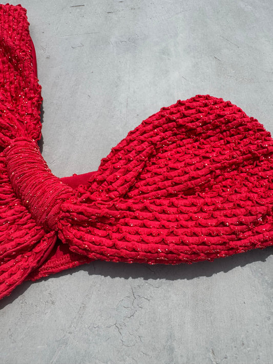 Red Sparkling Mermaid Weave Textured Greek Bikini Top