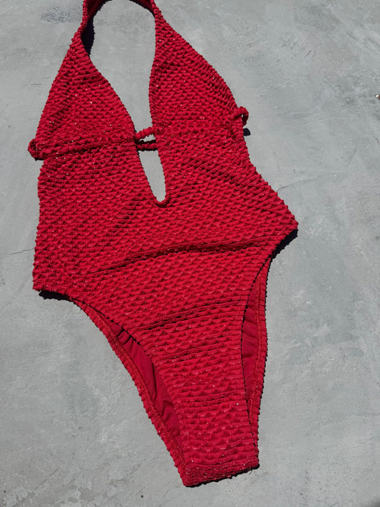 Red Sparkling Mermaid Weave Textured Jessica One Piece Swimwear
