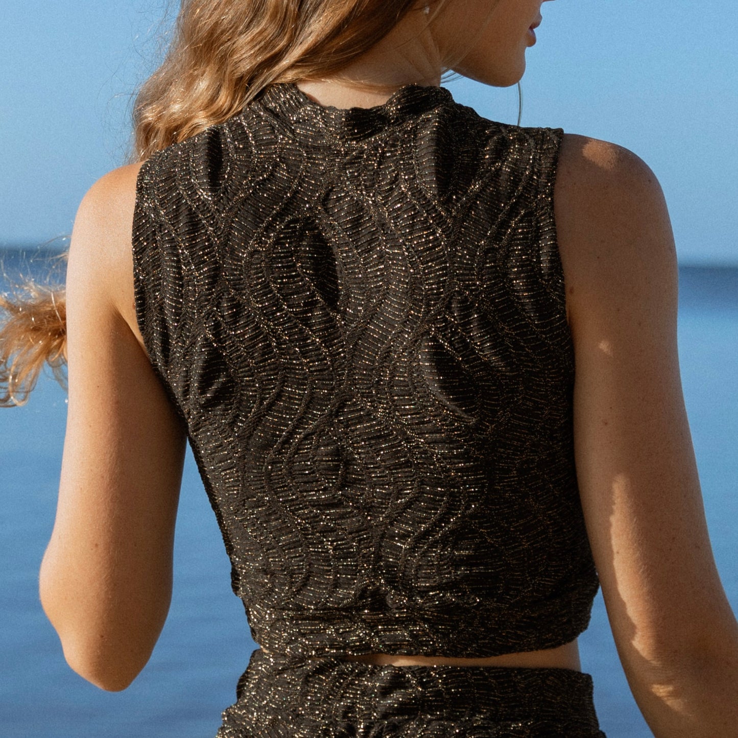 Mallorca Black Sparkling Macrame Tank Crop Top