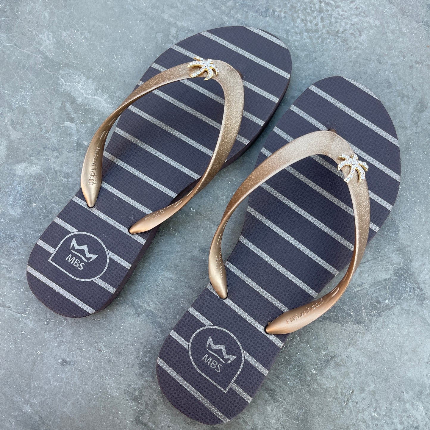 Natural Rubber Flip Flops Brown Gold Palm Tree