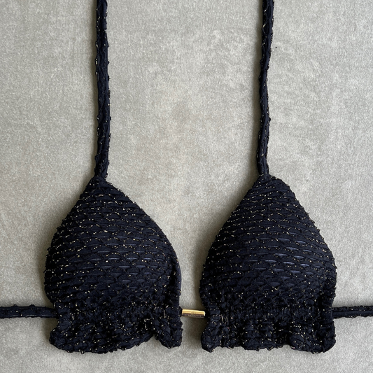Glamour Black Sparkling Mermaid Weave Textured Triangle Frill Bikini Top