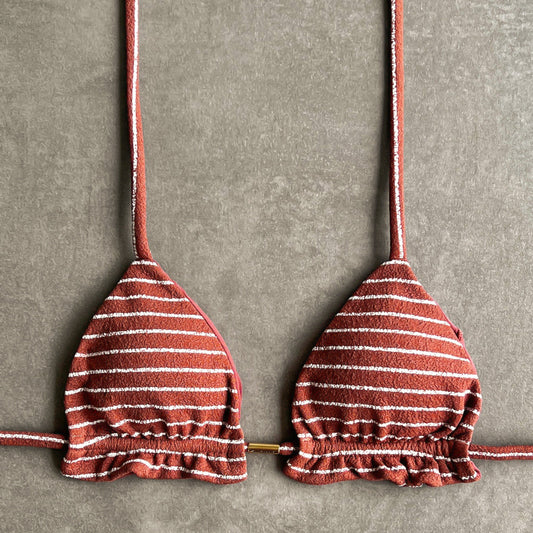 Brown & White Seashore Striped Textured Triangle Frill Bikini Top