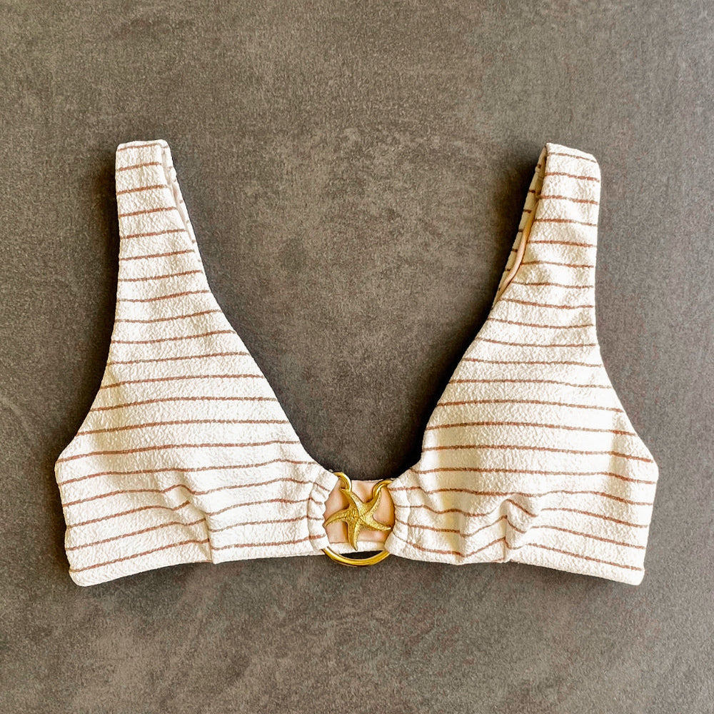 White & Brown Seashore Striped Textured Cassia Bikini Top