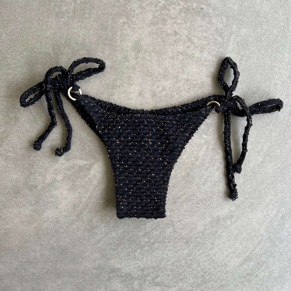 Glamour Black Sparkling Mermaid Weave Textured Katie Side Tie Bikini Bottom