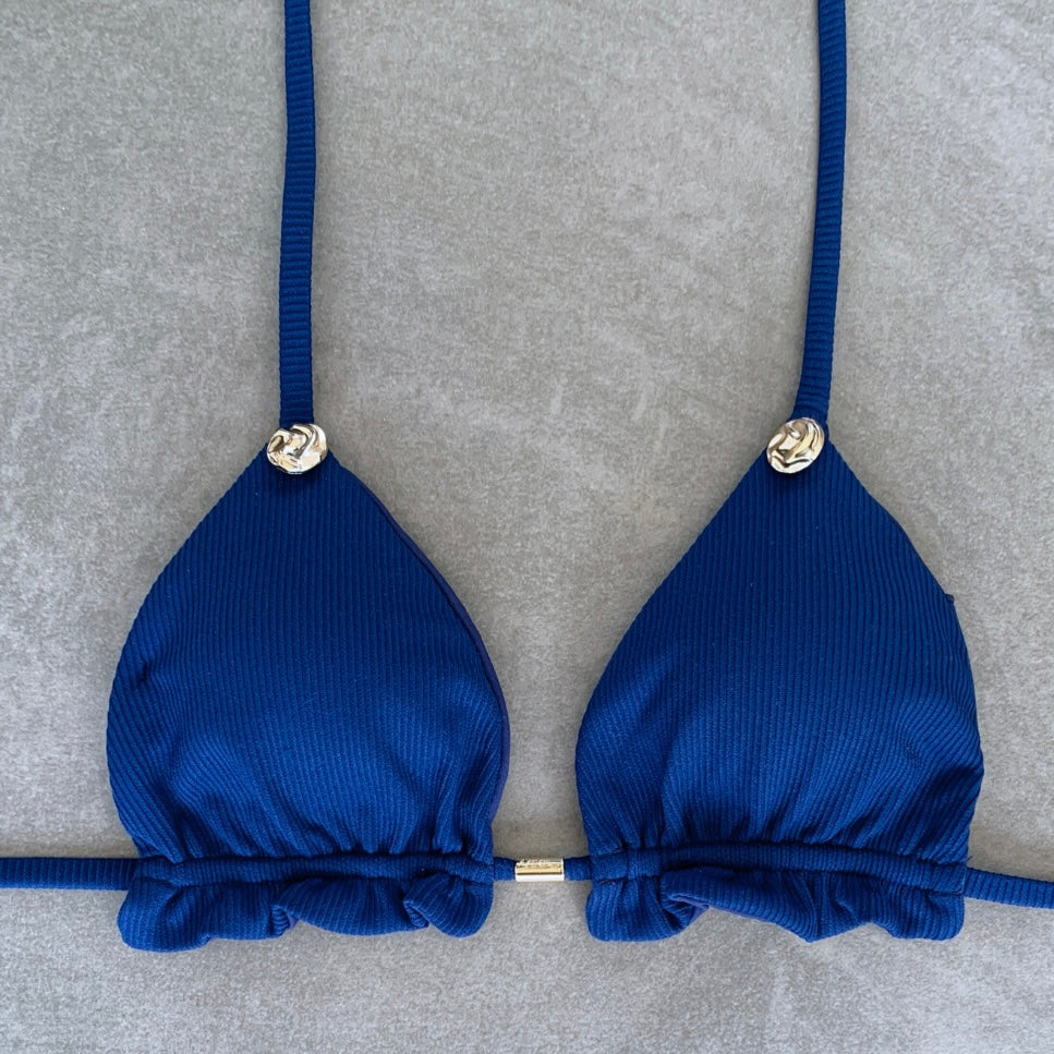 Mediterranean Sea Ribbed Triangle Frill Bikini Top