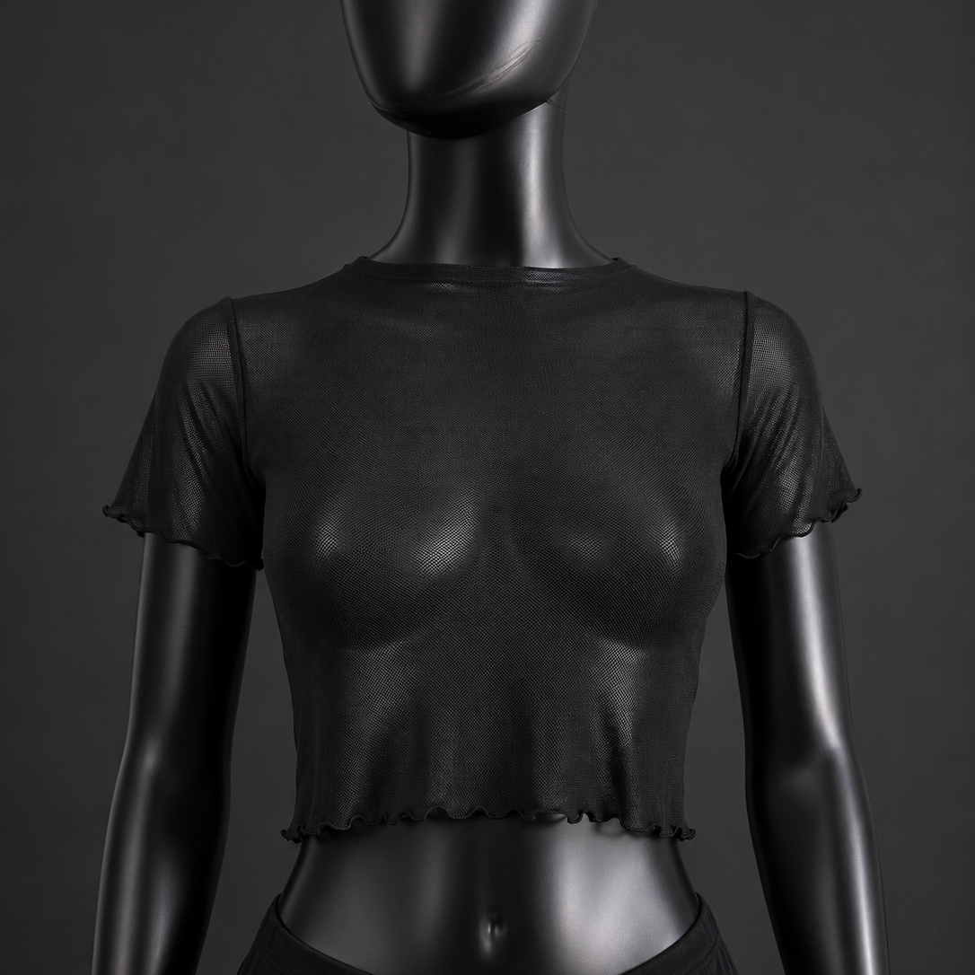 Black Mesh Tule Short Sleeve Crop Top