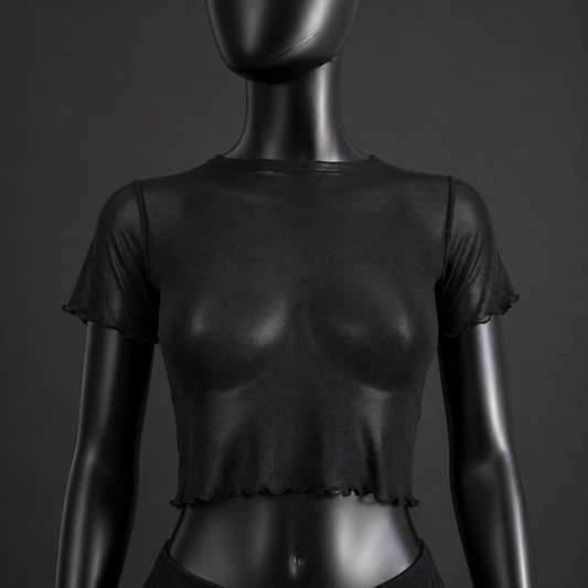 Black Mesh Tule Short Sleeve Crop Top