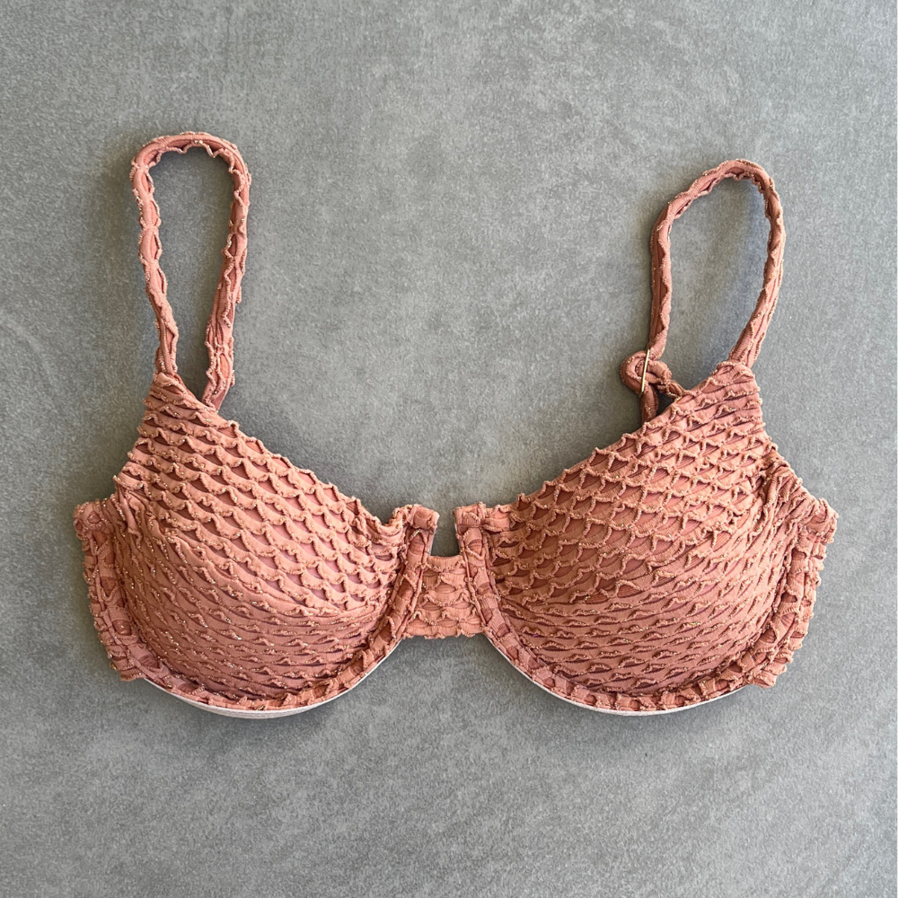 Toffee Brown Sparkling Mermaid Weave Textured Panneled Bikini Top