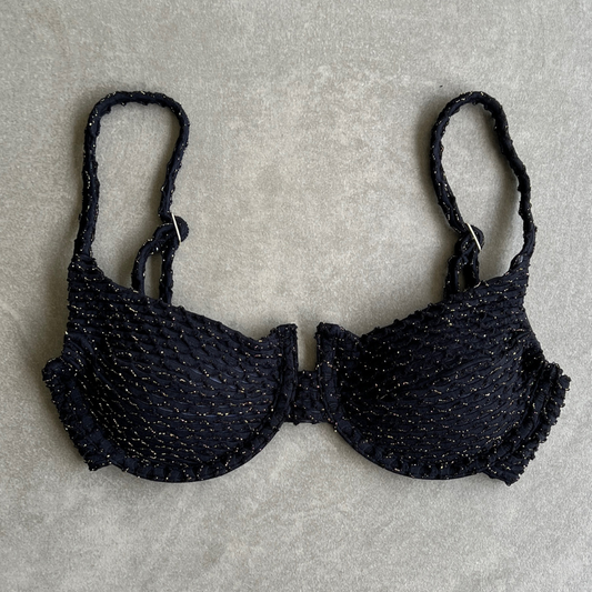 Glamour Black Sparkling Mermaid Weave Textured Panneled Bikini Top