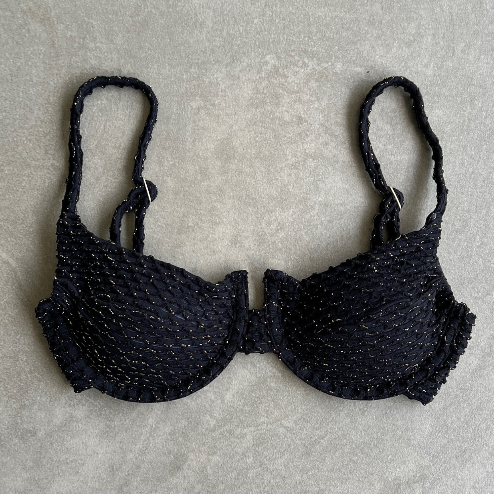 Glamour Black Sparkling Mermaid Weave Textured Panneled Bikini Top