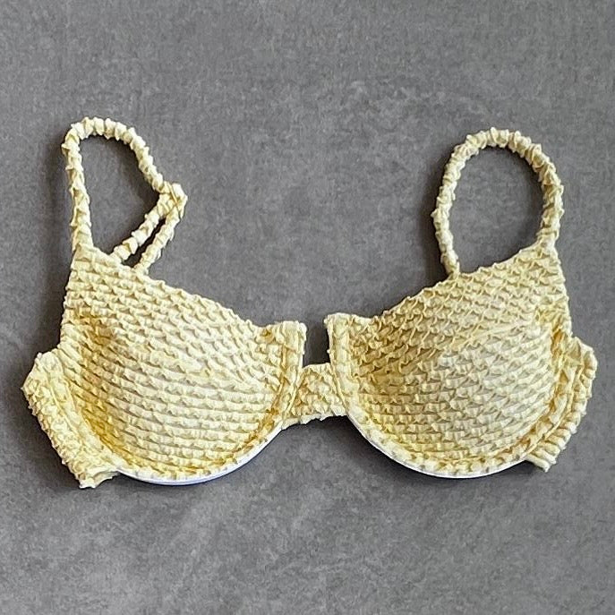 Yellow Sparkling Mermaid Weave Textured Panneled Bikini Top