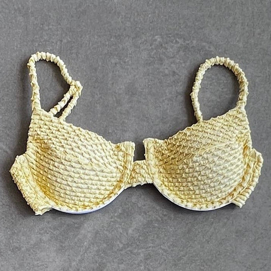 Yellow Sparkling Mermaid Weave Textured Panneled Bikini Top