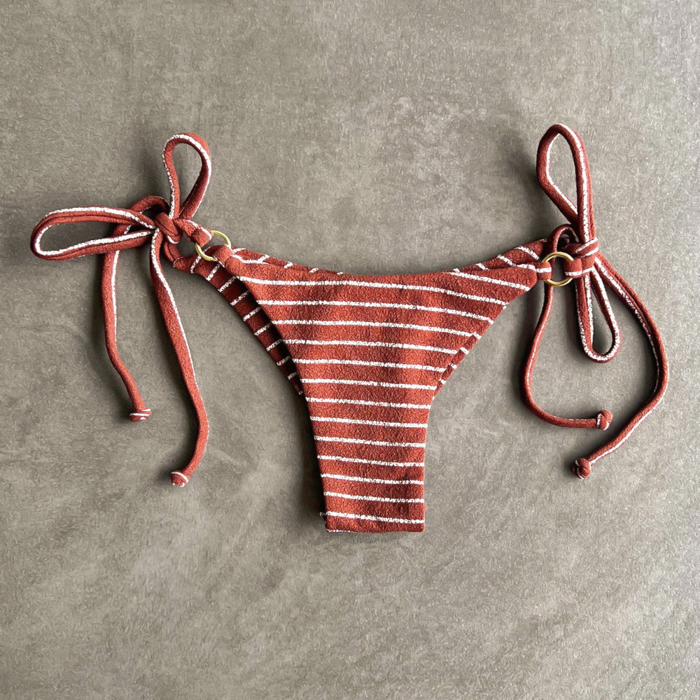 Brown & White Seashore Striped Textured Katie Side Tie Bikini Bottom