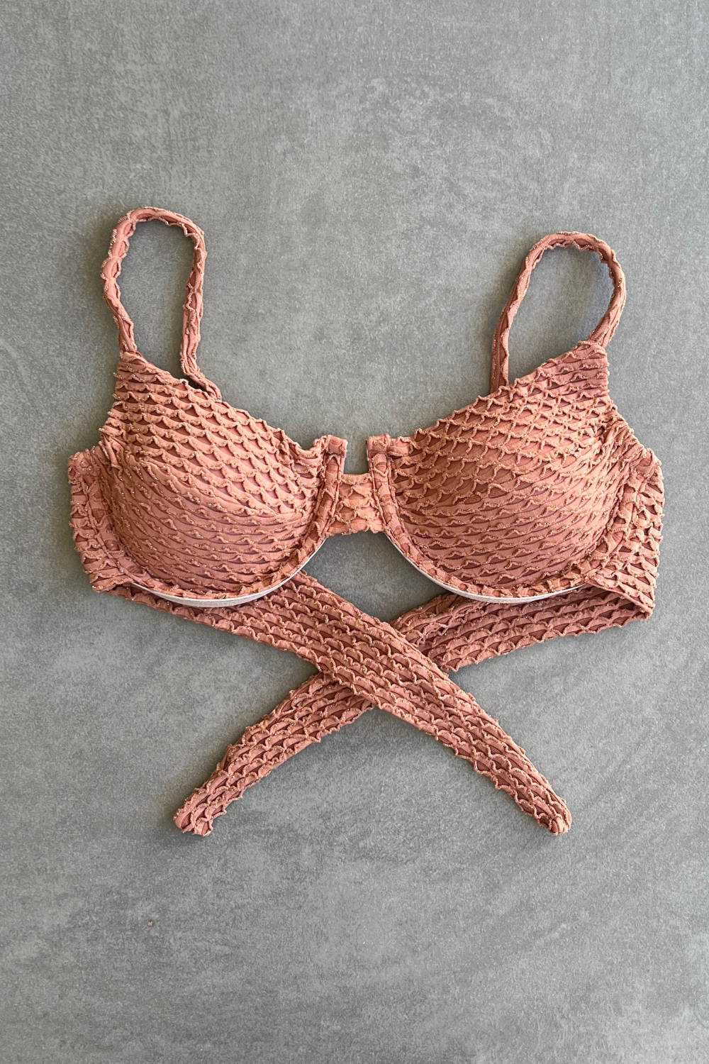 Toffee Brown Sparkling Mermaid Weave Textured Panneled Bikini Top
