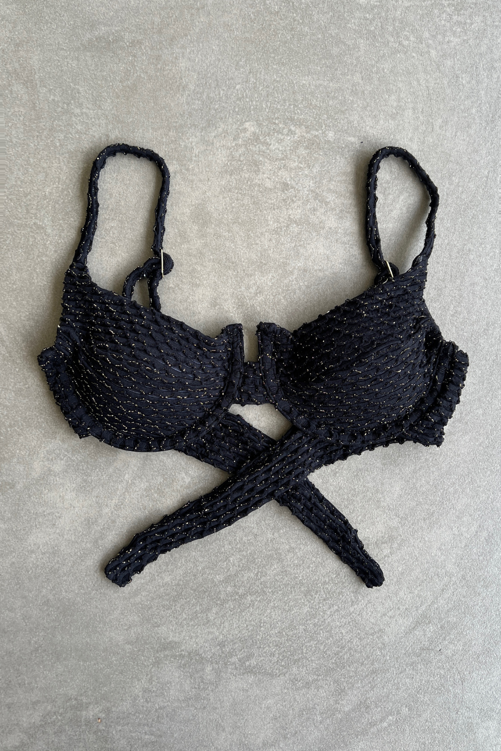 Glamour Black Sparkling Mermaid Weave Textured Panneled Bikini Top