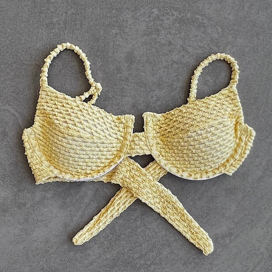 Yellow Sparkling Mermaid Weave Textured Panneled Bikini Top