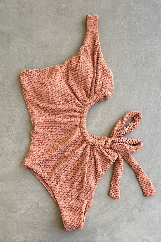 Toffee Brown Sparkling Mermaid Weave Textured One Shoulder One Piece Swimwear