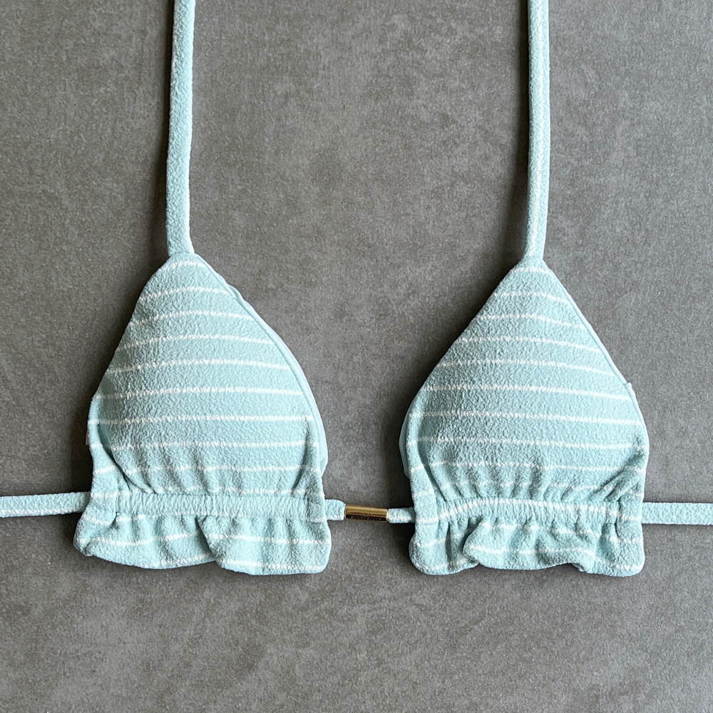 Blue & White Seashore Striped Textured Triangle Frill Bikini Top