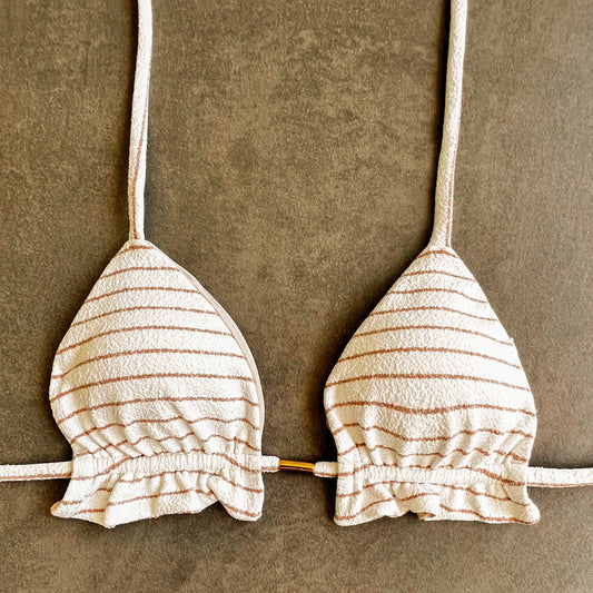 White & Brown Seashore Striped Textured Triangle Frill Bikini Top