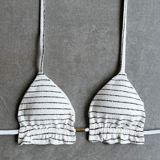 White & Black Seashore Striped Textured Triangle Frill Bikini Top