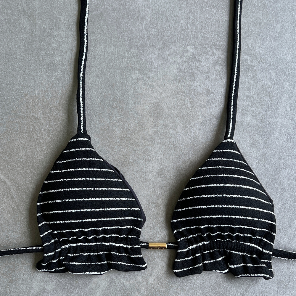 Black & White Seashore Striped Textured Triangle Frill Bikini Top