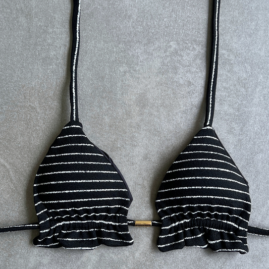 Black & White Seashore Striped Textured Triangle Frill Bikini Top