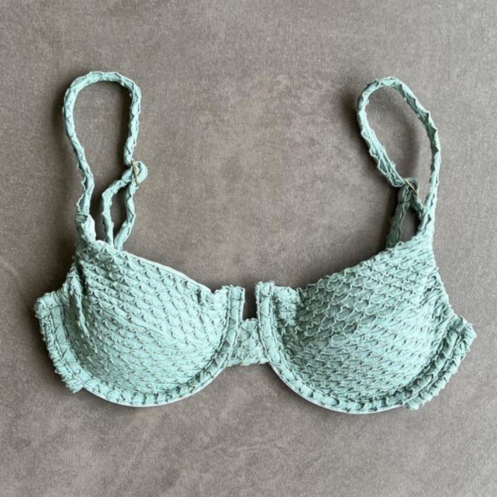 Seafoam Green Sparkling Mermaid Weave Textured Panneled Bikini Top