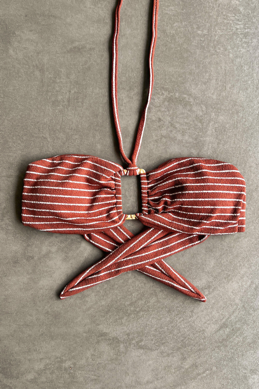 Brown & White Seashore Striped Textured Strapless Bikini Top