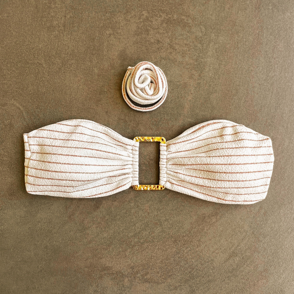 White & Brown Seashore Striped Textured Strapless Bikini Top