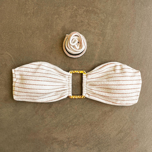 White & Brown Seashore Striped Textured Strapless Bikini Top