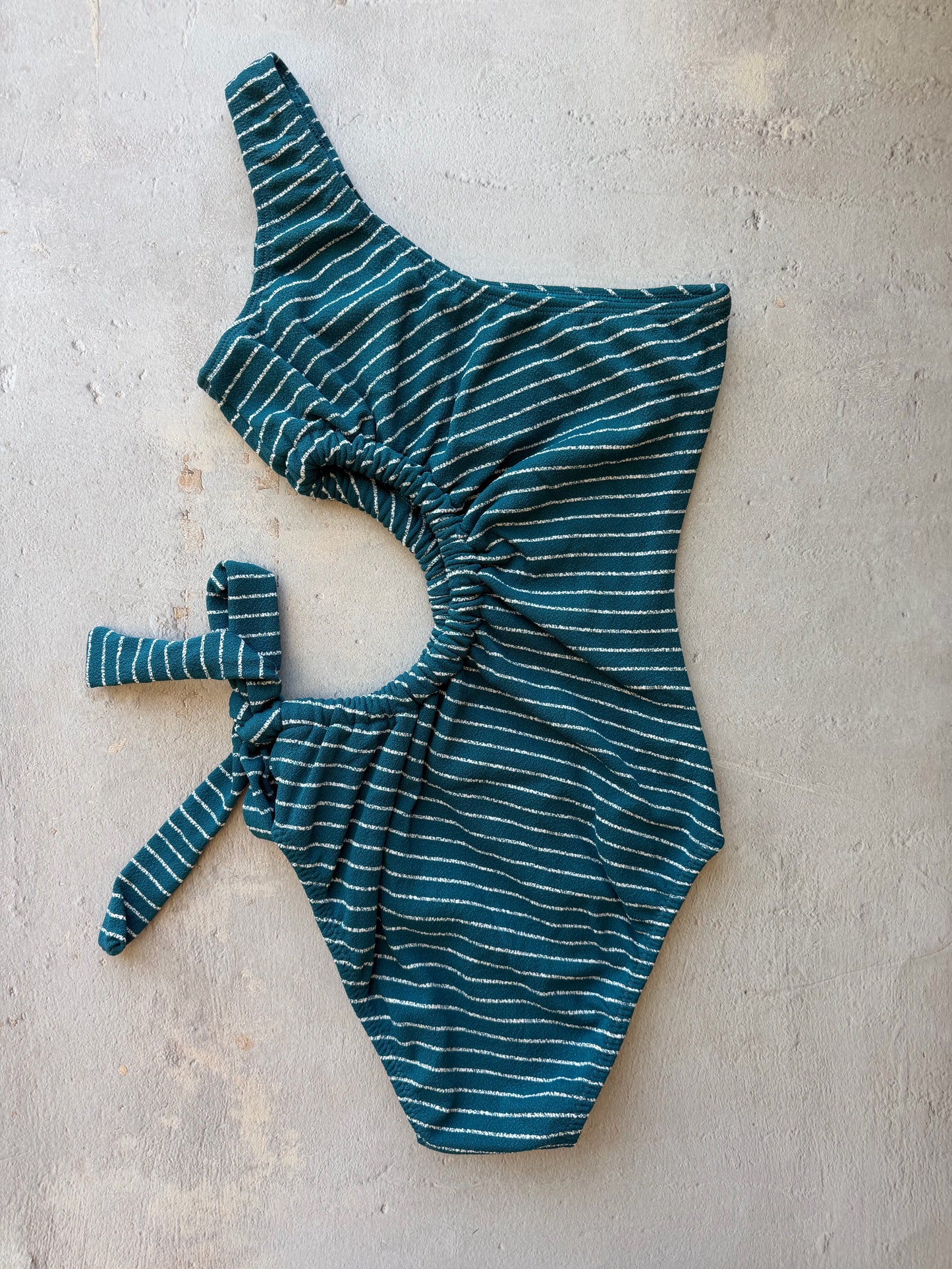Oil Blue & White Seashore Striped Textured One Shoulder One Piece Swimwear
