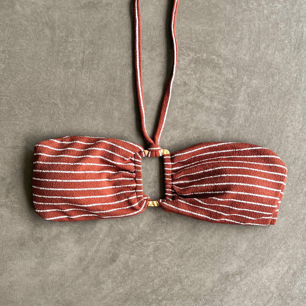 Brown & White Seashore Striped Textured Strapless Bikini Top