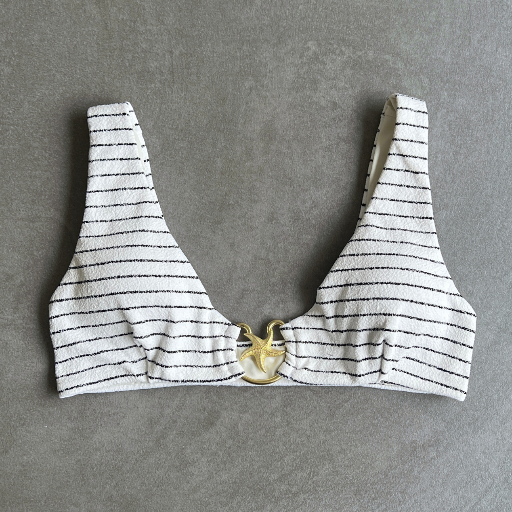 White & Black Seashore Striped Textured Cassia Bikini Top