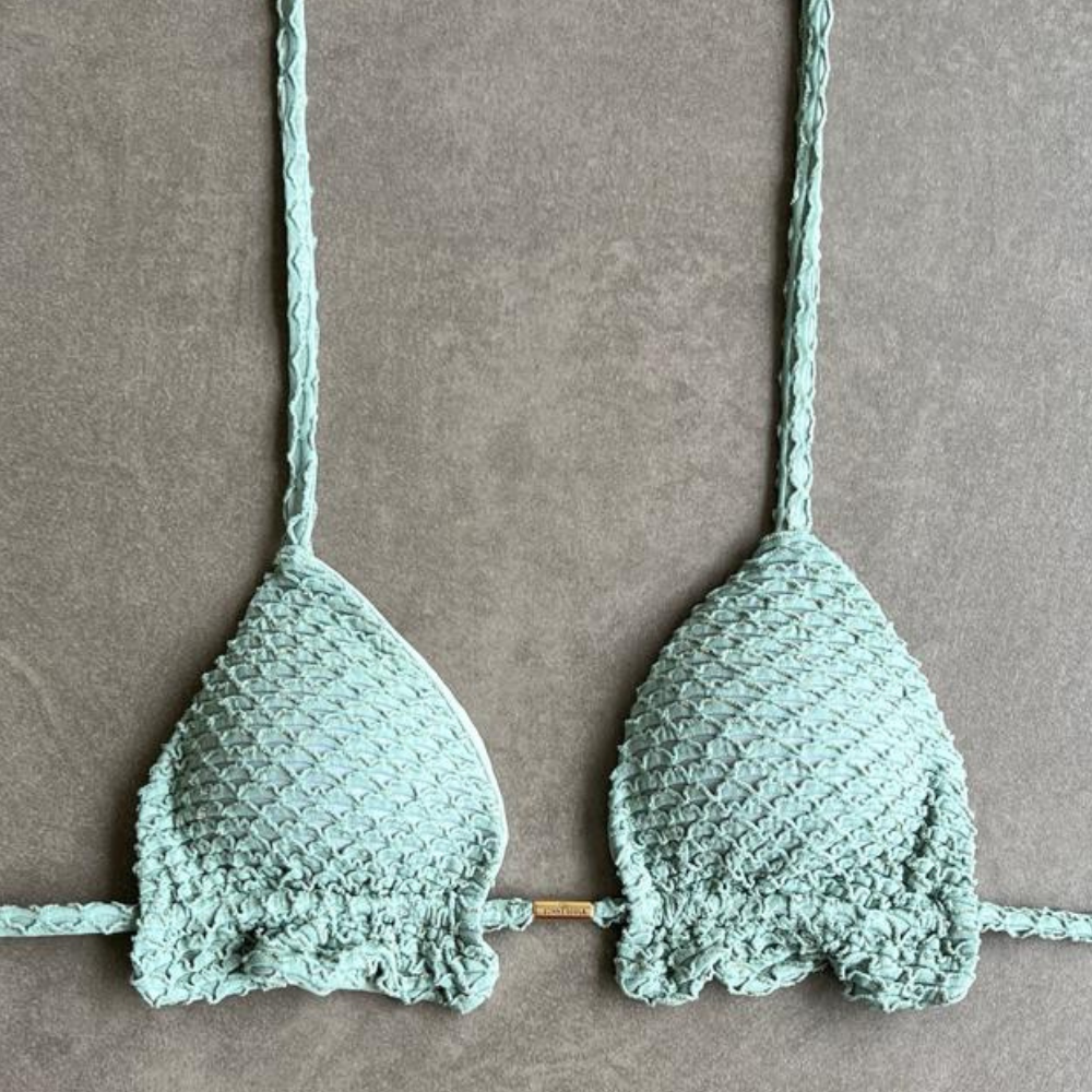 Seafoam Green Sparkling Mermaid Weave Textured Triangle Frill Bikini Top