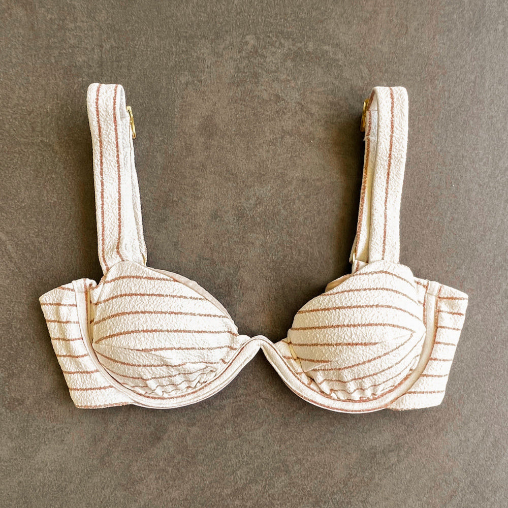White & Brown Seashore Striped Textured Maya Bikini Top