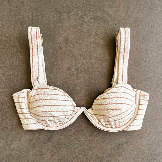 White & Brown Seashore Striped Textured Maya Bikini Top